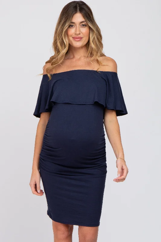 Strapless Women Dress with a Built - in Bra for Comfort and Support Strapless Women Dress with a Built - in Bra for Comfort and Support Navy Blue Off Shoulder Fitted Maternity Dress