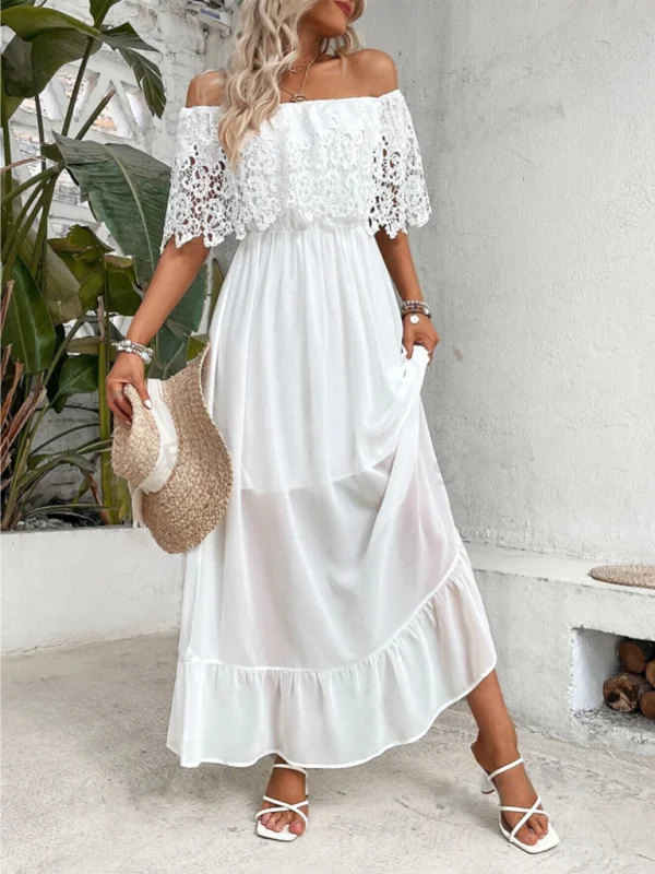 Sheath Women Dress with a Tailored Fit for a Professional Look Sheath Women Dress with a Tailored Fit for a Professional Look Off-the-shoulder guipure lace paneled ruffle hem dress
