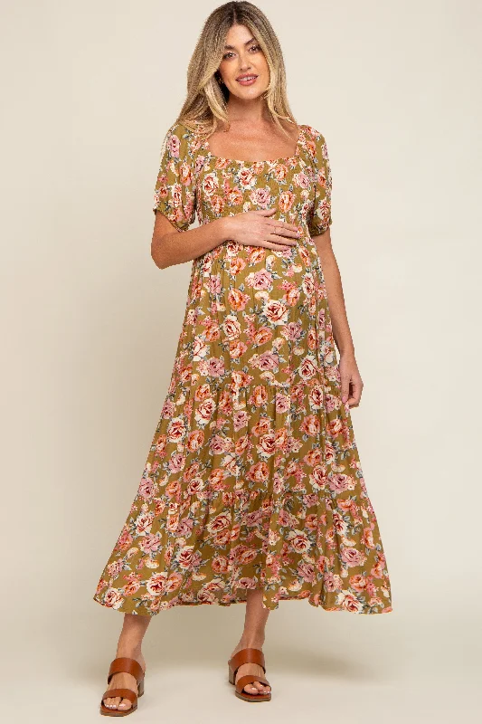 Backless Women Dress for a Sexy and Alluring Look at Evening Events Backless Women Dress for a Sexy and Alluring Look at Evening Events Olive Floral Smocked Square Neck Tiered Maternity Maxi Dress