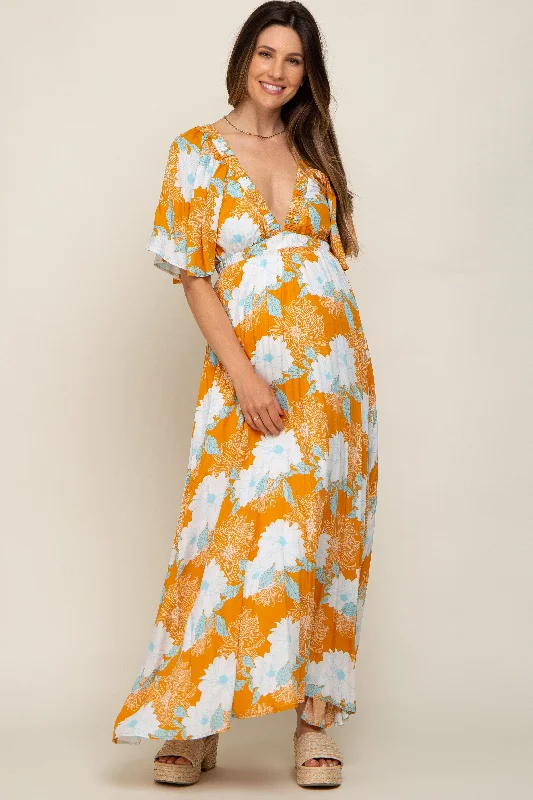 Long - Sleeve Women Dress in Velvet for a Luxurious Winter Look Long - Sleeve Women Dress in Velvet for a Luxurious Winter Look Orange Floral Deep V-Neck Maternity Maxi Dress