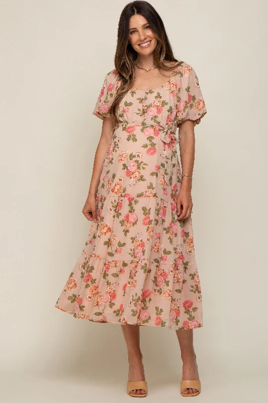 Empire Waist Women Dress to Accentuate the Bust and Conceal the Waist Empire Waist Women Dress to Accentuate the Bust and Conceal the Waist Pink Floral Button Puff Sleeve Maternity Midi Dress