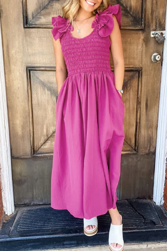Empire Waist Women Dress to Accentuate the Bust and Conceal the Waist Empire Waist Women Dress to Accentuate the Bust and Conceal the Waist Rose Red Solid Color Ruffled Straps Smocked Ruched Maxi Dress