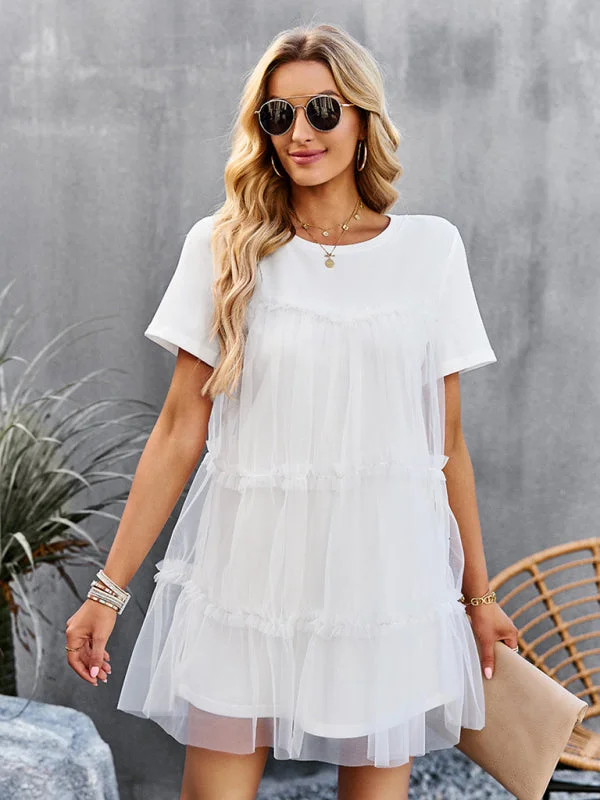 Sleeveless Women Dress in Bright Colors for Summer Parties Sleeveless Women Dress in Bright Colors for Summer Parties Women's Mesh Splicing Elegant Round Neck Solid Color Dress