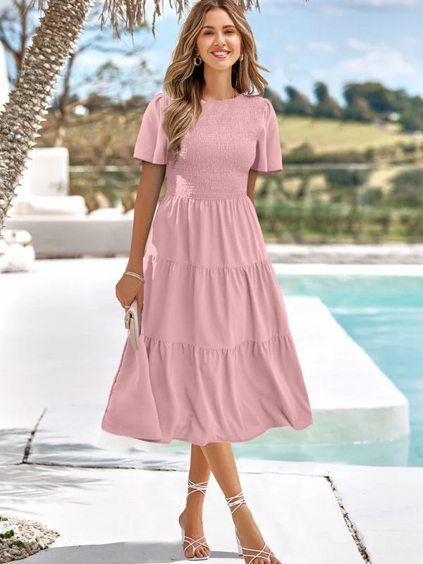 Ball Gown Women Dress with a Full Skirt for a Princess - like Look Ball Gown Women Dress with a Full Skirt for a Princess - like Look Women's Solid Color Round Neck Pleated Resort Dress
