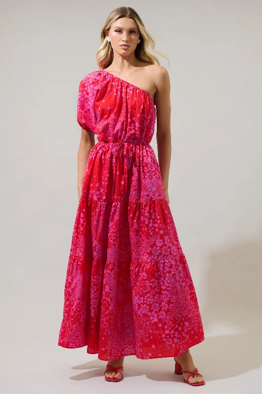 Midi dresses with embroidered accents for a unique and detailed designAddie Floral Querida One Shoulder Midi Dress