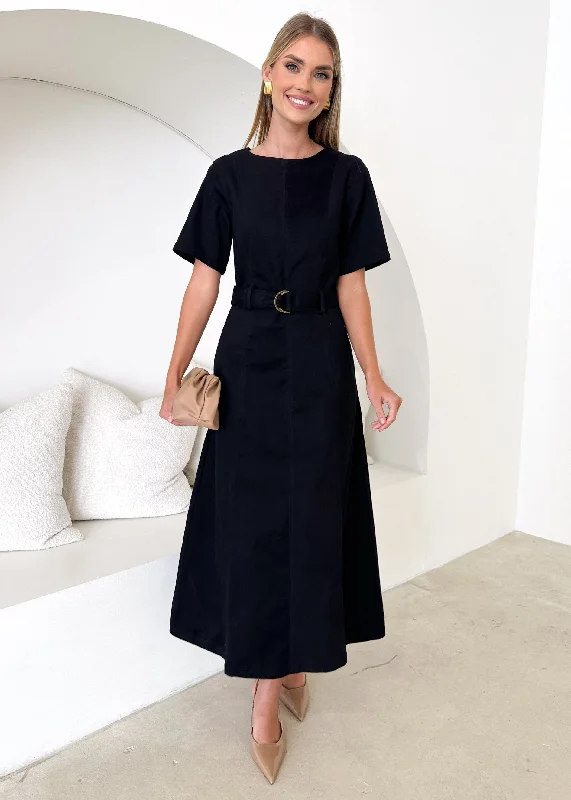 Wrap - style midi dresses in silk for a sophisticated office lookAdela Denim Midi Dress - Black