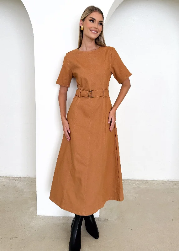 High - low midi dresses with geometric patterns for a modern partyAdela Denim Midi Dress - Rust