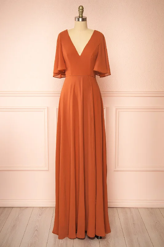 Maxi - inspired midi dresses with flowing fabrics for a beachy vibeAdelphia Rust | V-neck Chiffon Maxi Dress