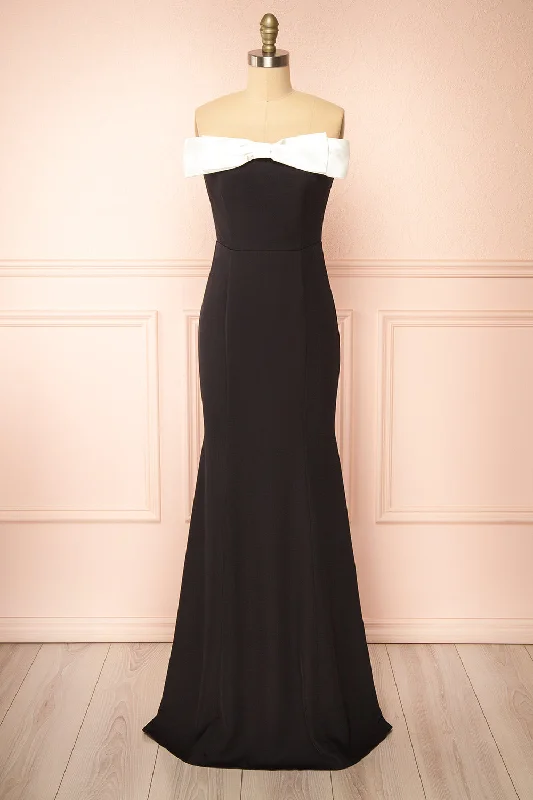 Velvet midi dresses in jewel tones for a glamorous winter eventAlphys | Black Mermaid Maxi Dress w/ Removable Bow
