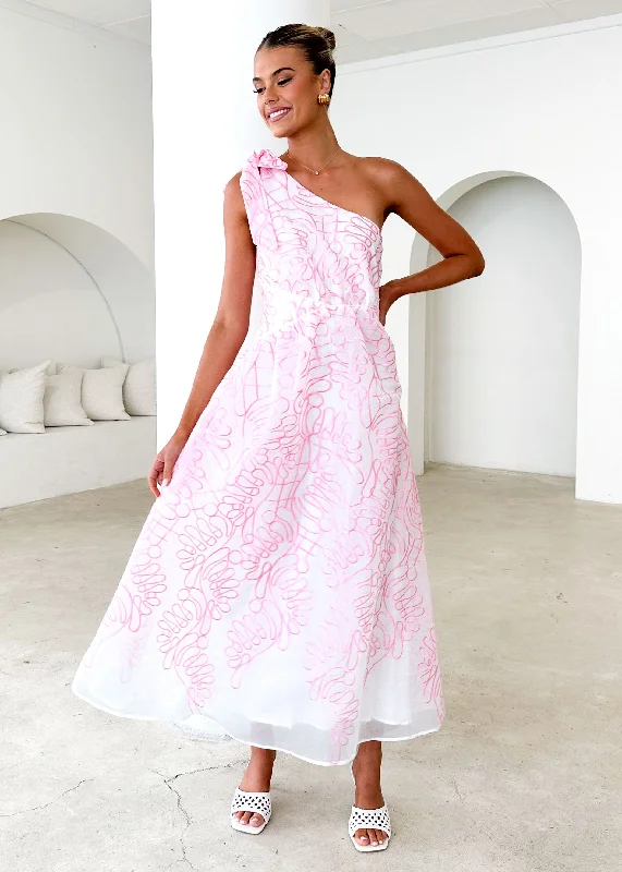 Midi dresses with pleated bodices for a classic and tailored lookAmalfi One Shoulder Midi Dress - Pink Embroidered Midi dresses with pleated bodices for a classic and tailored lookAmalfi One Shoulder Midi Dress - Pink Embroidered