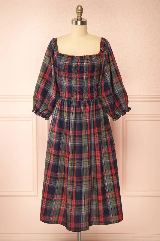 Midi dresses with geometric cutouts for a contemporary and edgy lookArellia Navy | Plaid Flannel Midi Dress