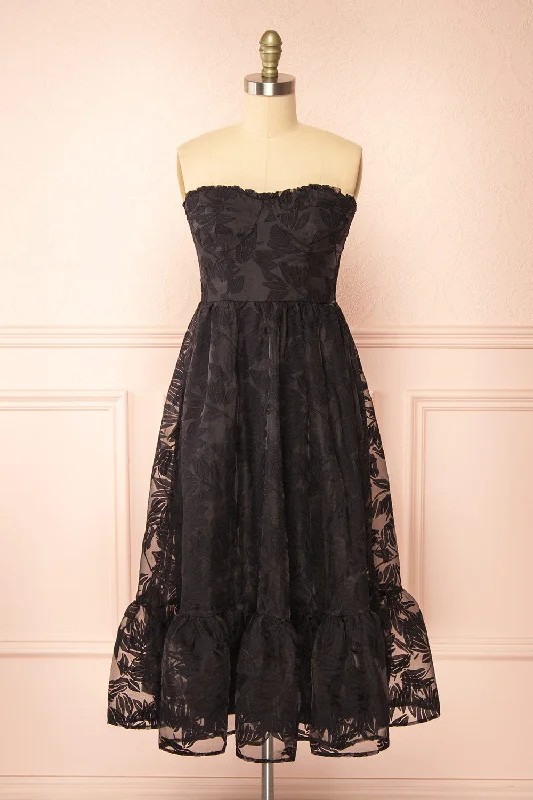 Midi dresses with polka dot prints for a playful summer outfitArhea | Black Bustier Floral Midi Dress Midi dresses with polka dot prints for a playful summer outfitArhea | Black Bustier Floral Midi Dress
