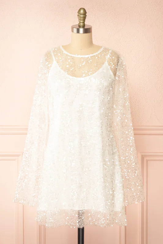 Midi dresses with tiered skirts for a bohemian festival lookAsael Ivory | Short Long-Sleeved Sequin Dress