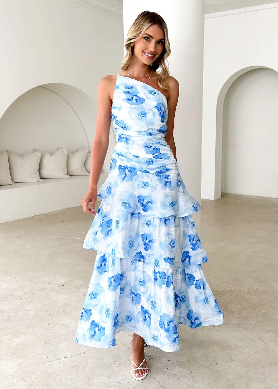 Midi dresses with ruffled bodices for a more pronounced feminine lookAspra One Shoulder Midi Dress - Blue Flowers