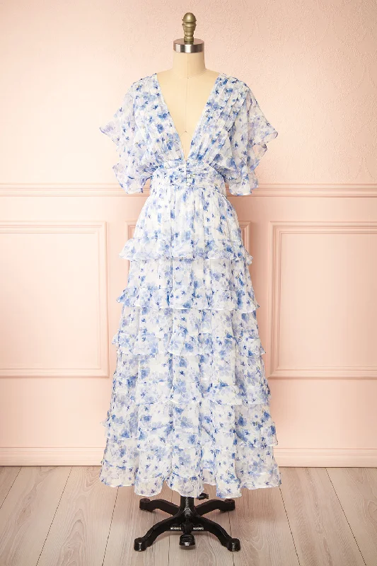 Midi dresses with geometric cutouts for a contemporary and edgy lookAveline Blue | Floral Maxi Dress w/ Ruffles