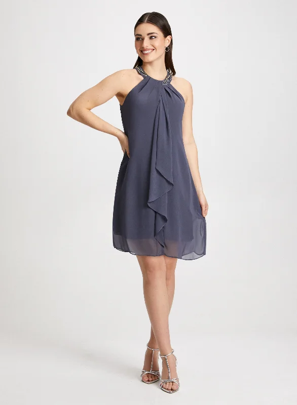 Midi dresses with wrap - around skirts for a customizable fitBeaded Neck Chiffon Dress