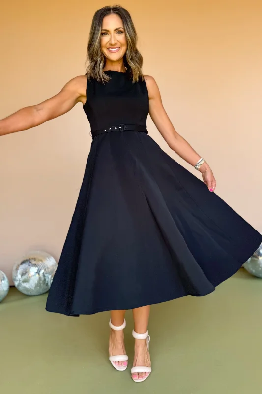 Midi dresses with polka dot prints for a playful summer outfitBlack Boat Neck Self Belt Full Skirt Midi Dress *FINAL SALE*