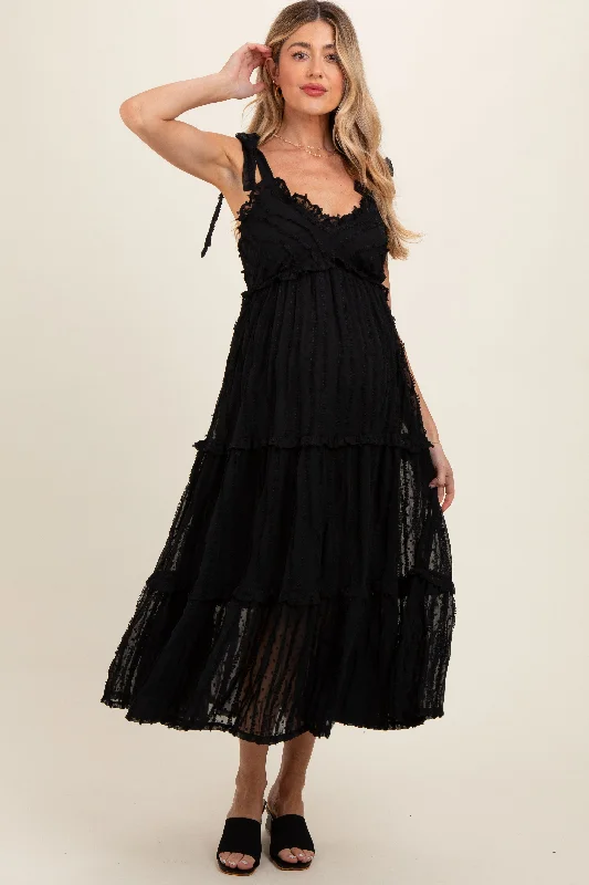 Midi dresses with mesh inserts for a trendy and breathable optionBlack Textured Tie Strap Tiered Maternity Midi Dress