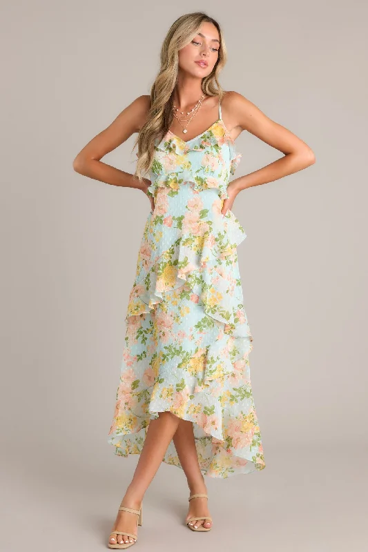 Sleeveless midi dresses with lace details for summer weddingsBlossom In Time Blue Multi Floral Ruffle Tiered Midi Dress Sleeveless midi dresses with lace details for summer weddingsBlossom In Time Blue Multi Floral Ruffle Tiered Midi Dress