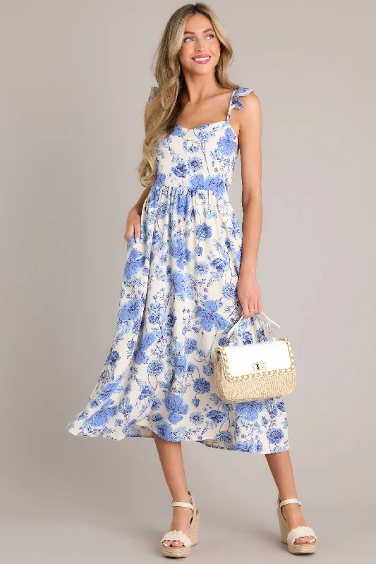 High - low midi dresses with geometric patterns for a modern partyBlossoms Of Belief Ivory & Blue Floral Midi Dress High - low midi dresses with geometric patterns for a modern partyBlossoms Of Belief Ivory & Blue Floral Midi Dress