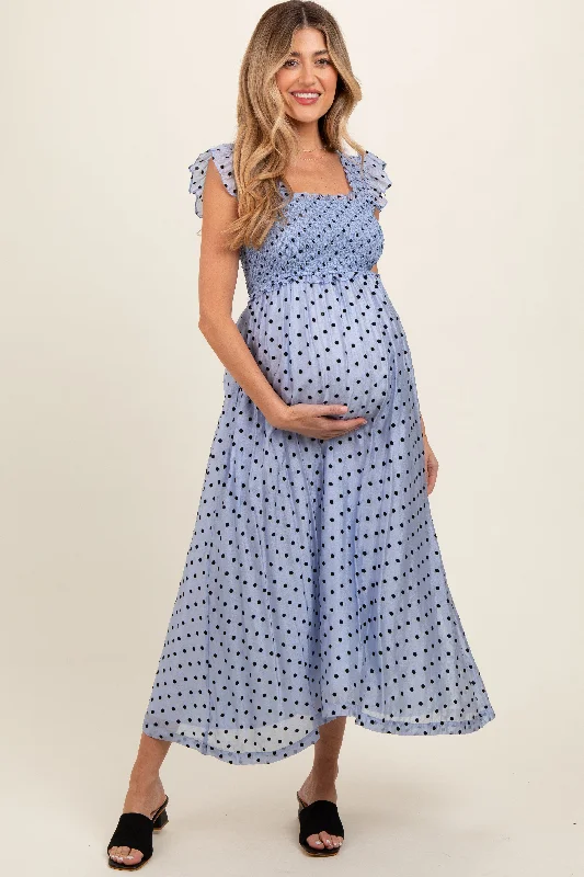 Midi dresses with fringe details for a fun and energetic styleBlue Polka Dot Smocked Maternity Midi Dress