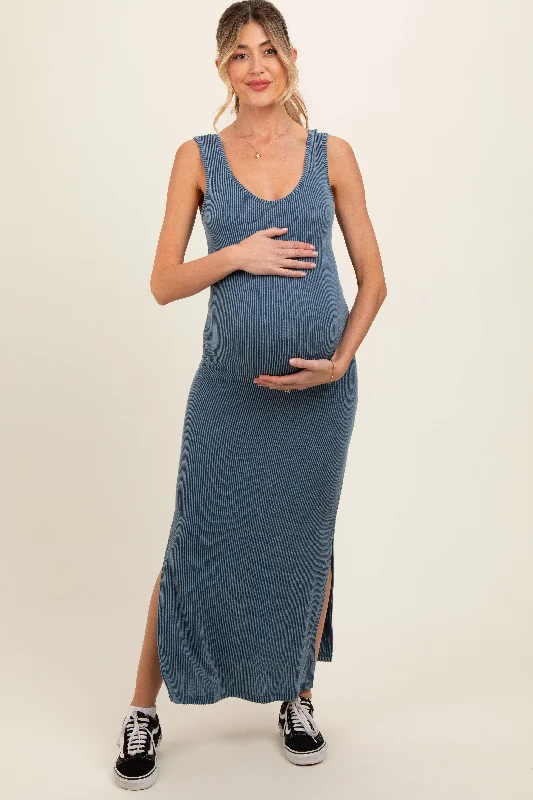 Midi dresses with gathered skirts for a full and flowing silhouetteBlue Ribbed Side Slit Maternity Maxi Dress Midi dresses with gathered skirts for a full and flowing silhouetteBlue Ribbed Side Slit Maternity Maxi Dress