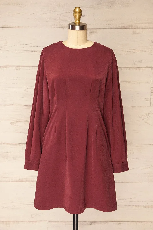 Midi dresses with V - necklines for a flattering and elongating effectBohrin Burgundy | Long-Sleeved Short Dress