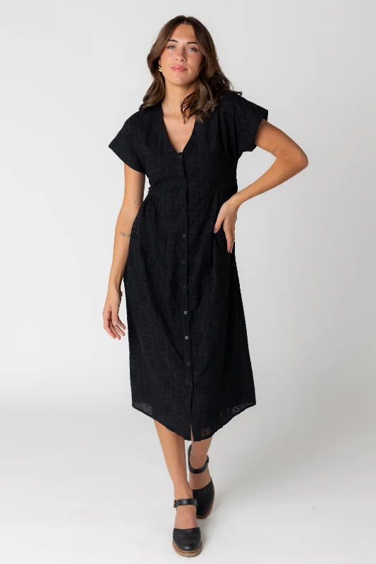 Velvet midi dresses in jewel tones for a glamorous winter eventBrass & Roe Toulouse Eyelet Dress