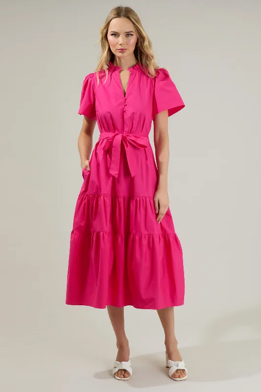 Midi dresses with ruffled sleeves for a more feminine and voluminous lookBritt Poplin Tiered Midi Dress Midi dresses with ruffled sleeves for a more feminine and voluminous lookBritt Poplin Tiered Midi Dress