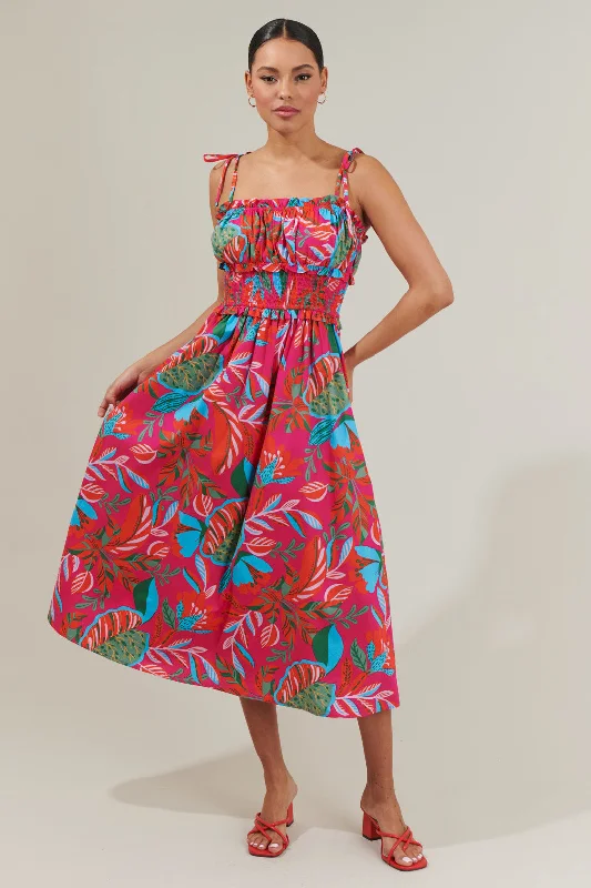 A - line midi dresses with floral prints for spring brunchesCactus Blossom Smocked Waist Tie Strap Poplin Midi Dress A - line midi dresses with floral prints for spring brunchesCactus Blossom Smocked Waist Tie Strap Poplin Midi Dress
