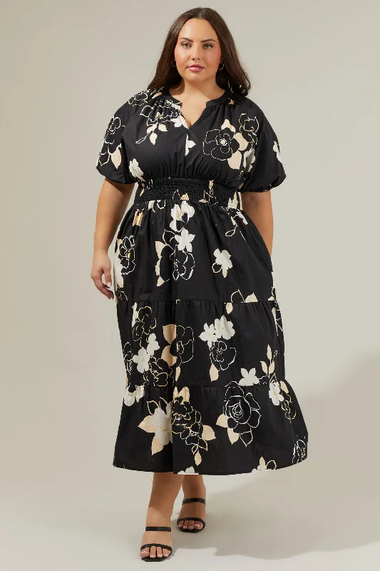 Midi dresses with fringe details for a fun and energetic styleCairan Rose Hacienda Puff Sleeve Midi Dress Curve