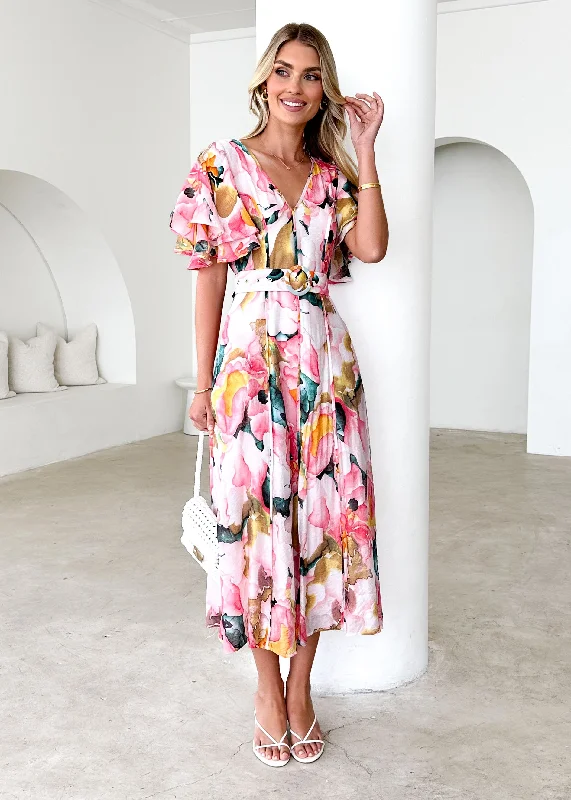 Midi dresses with ruffled hems for a romantic date nightCallie Midi Dress - Geranium Pink Midi dresses with ruffled hems for a romantic date nightCallie Midi Dress - Geranium Pink