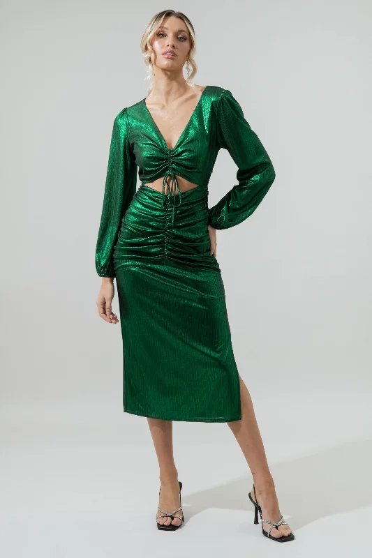 Midi dresses with pom - pom trims for a playful and festive lookCannes Liquid Satin Ruched Cut Out Midi Dress