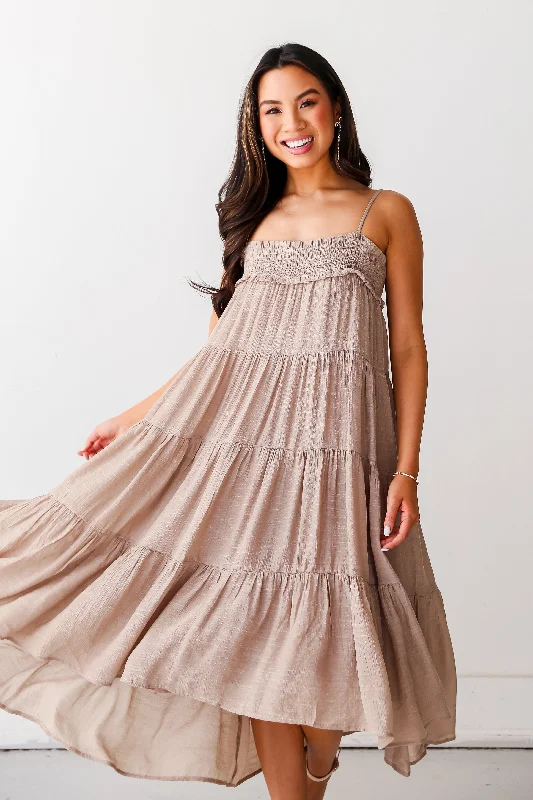Midi dresses with pleated skirts for a timeless and elegant appealFINAL SALE - Carefree Behavior Taupe Tiered Midi Dress