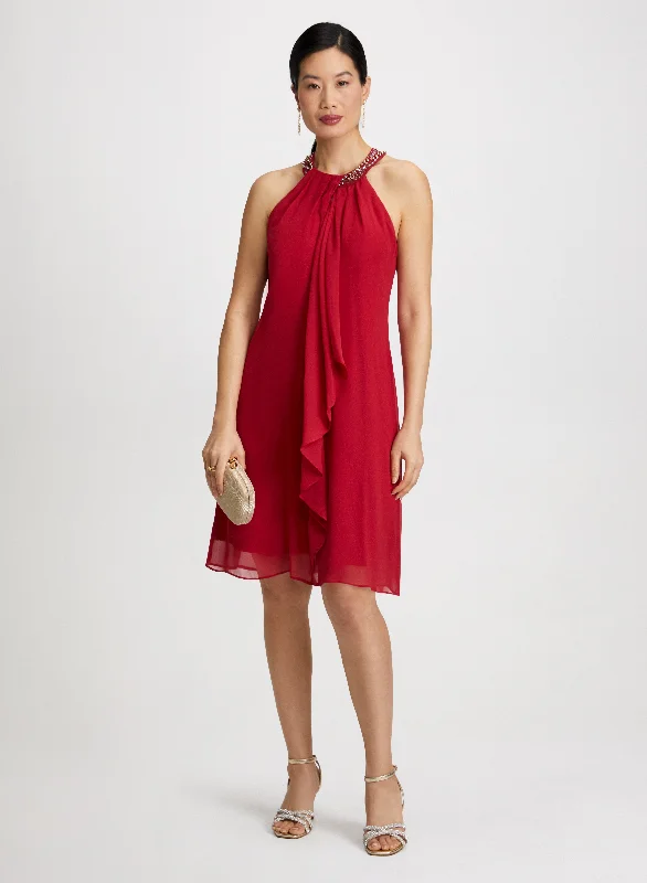 Midi dresses with ruched sleeves for a more fitted and stylish arm lookCascading Ruffle Bead Neck Dress
