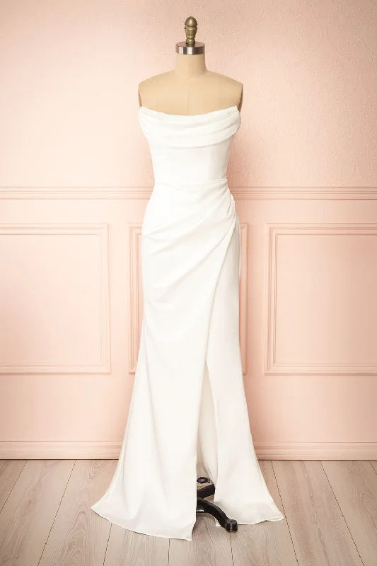 Midi dresses with abstract art prints for an artistic statementCelesta | White Strapless Gown w/ Removable Straps Midi dresses with abstract art prints for an artistic statementCelesta | White Strapless Gown w/ Removable Straps