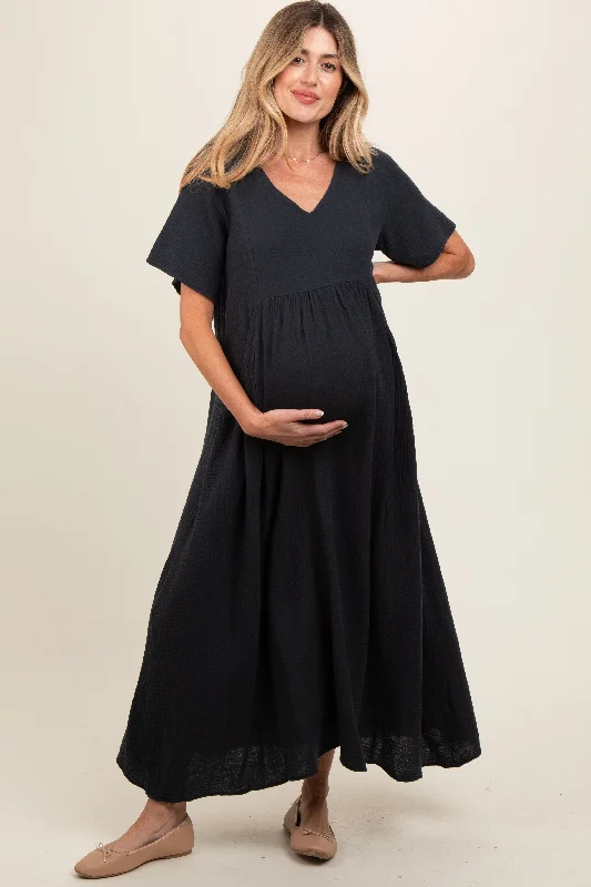 Sheath midi dresses with beaded embellishments for a formal occasionCharcoal Gauze Short Sleeve Maternity Midi Dress