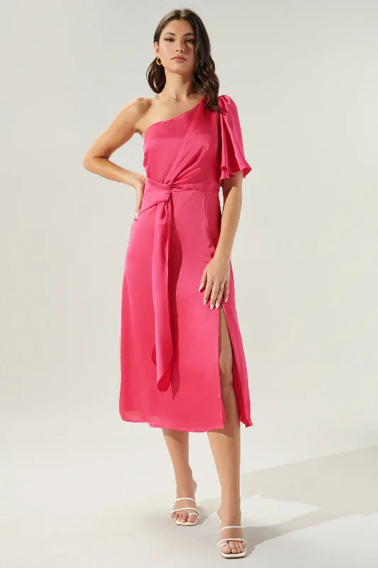 Velvet midi dresses in jewel tones for a glamorous winter eventChateau Satin One Shoulder Twist Front Midi Dress