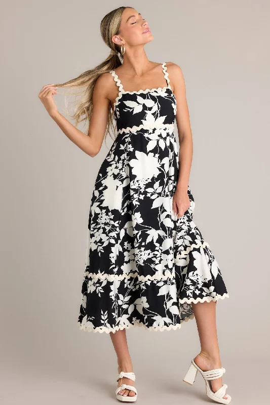 Midi dresses with cold - shoulder cutouts for a trendy styleCherry Blossom Bliss Black Floral Midi Dress Midi dresses with cold - shoulder cutouts for a trendy styleCherry Blossom Bliss Black Floral Midi Dress