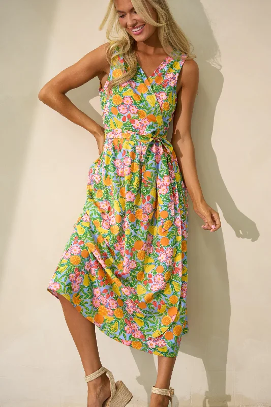 Maxi - inspired midi dresses with flowing fabrics for a beachy vibeCitrus Bloom Sky Blue Multi Print Midi Wrap Dress Maxi - inspired midi dresses with flowing fabrics for a beachy vibeCitrus Bloom Sky Blue Multi Print Midi Wrap Dress