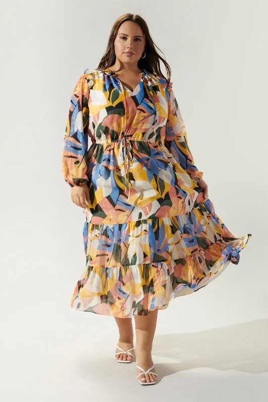 Wrap - style midi dresses in silk for a sophisticated office lookCongo Tropics Tiered Midi Dress Curve