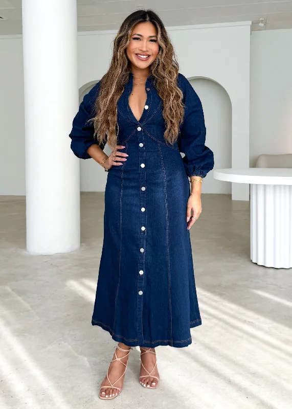 Midi dresses with fringe details for a fun and energetic styleCooper Denim Midi Dress - Indigo