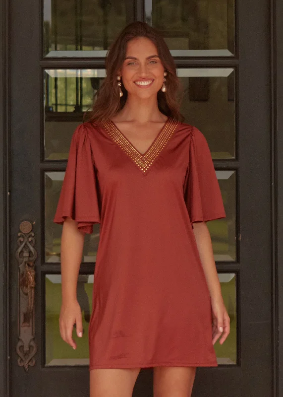 Wrap - style midi dresses in silk for a sophisticated office lookCopper Flutter Sleeve Shift Dress Wrap - style midi dresses in silk for a sophisticated office lookCopper Flutter Sleeve Shift Dress