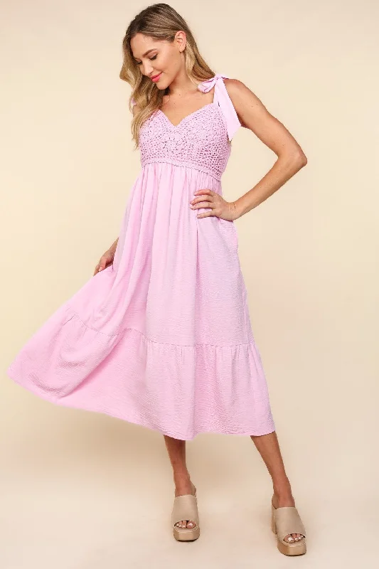 Midi dresses with keyhole backs for a flirty and unexpected detailCrochet Lace Ruffle Hem Cami Midi Dress Midi dresses with keyhole backs for a flirty and unexpected detailCrochet Lace Ruffle Hem Cami Midi Dress