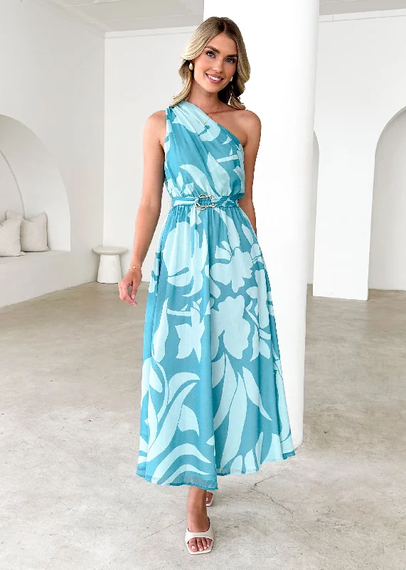 Midi dresses with animal prints for a bold and confident appearanceDana One Shoulder Midi Dress - Teal Floral