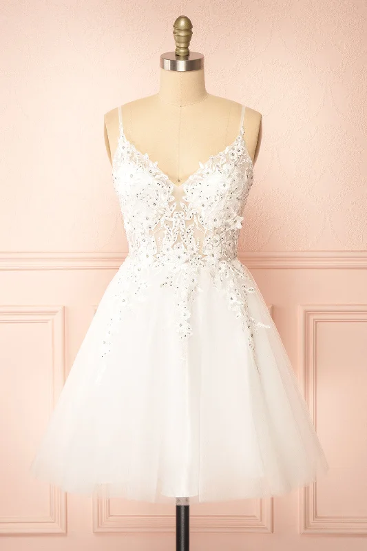 Wrap - style midi dresses in silk for a sophisticated office lookDanna | Short Sparkly White Dress w/ Embroidery