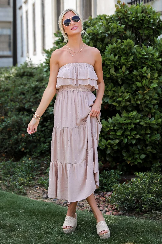 Midi dresses with denim fabric for a casual yet stylish day outDarling Cuteness Taupe Tiered Strapless Midi Dress Midi dresses with denim fabric for a casual yet stylish day outDarling Cuteness Taupe Tiered Strapless Midi Dress