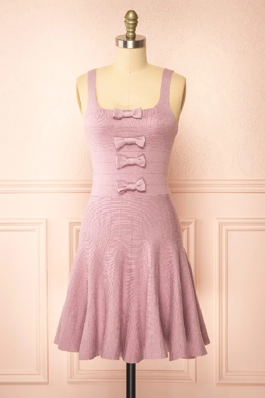 Midi dresses with polka dot prints for a playful summer outfitDelphen | Short Mauve Ribbed Dress w/ Bows Midi dresses with polka dot prints for a playful summer outfitDelphen | Short Mauve Ribbed Dress w/ Bows