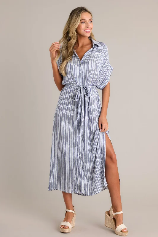 Midi dresses with ruffled bodices for a more pronounced feminine lookEmbrace The Day Blue Stripe Midi Shirt Dress Midi dresses with ruffled bodices for a more pronounced feminine lookEmbrace The Day Blue Stripe Midi Shirt Dress
