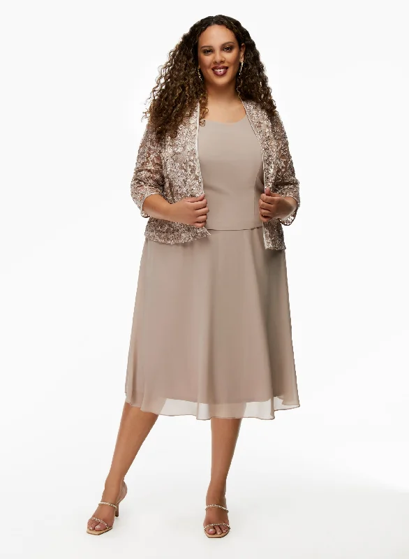 Midi dresses with cold - shoulder cutouts for a trendy styleEmbroidered Jacket & Dress Set